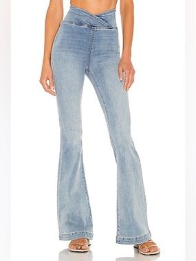 Free People Light Blue High-Waist Flare Jeans with Crossed Waistband
